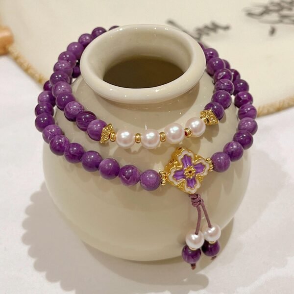 Charoite Pearl Bracelet｜Four-Leaf Clover Charm