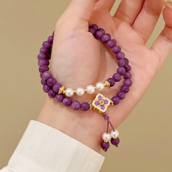 Natural Charoite Pearl Bracelet Four-Leaf Clover for Luck, Wisdom, Healing