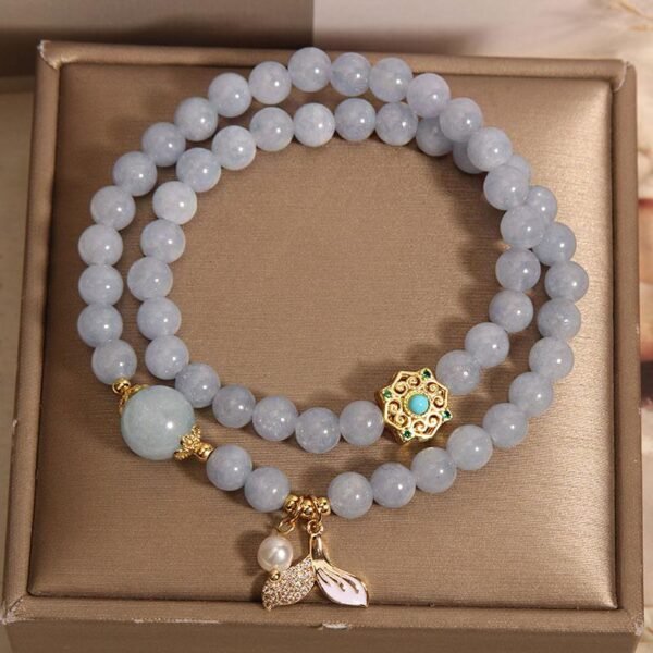 Double Strand Aquamarine Bracelet with Mermaid Tail Pendant - Healing Energy