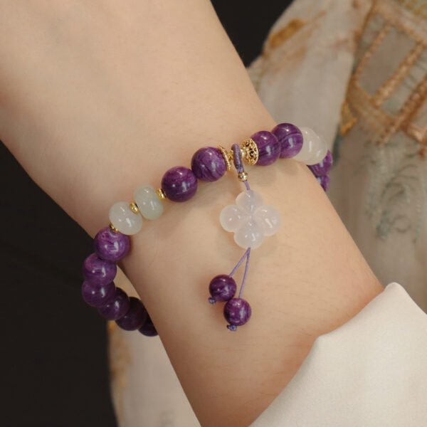 Charoite Chalcedony Bracelet with Four-Leaf Charm Spiritual Healing + Good Luck