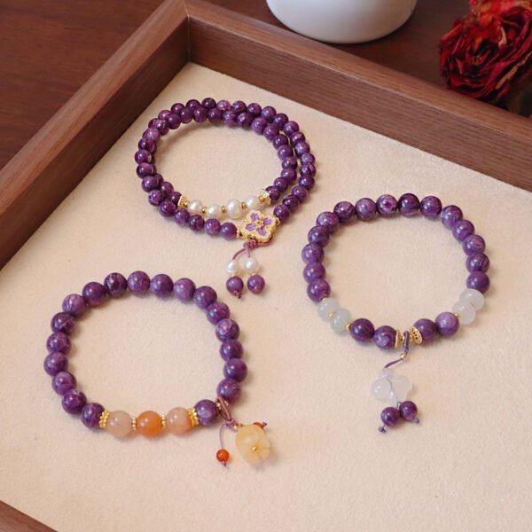 Charoite Chalcedony Bracelet with Four-Leaf Charm Spiritual Healing + Good Luck