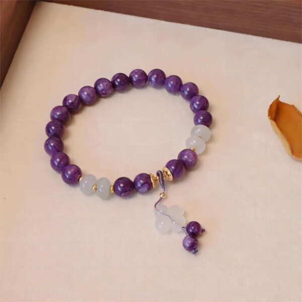 charoite bracelet, four-leaf clover charm