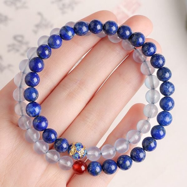 Lapis Lazuli & Aquamarine Double Wrap Bracelet with Red Agate - Wealth & Protection