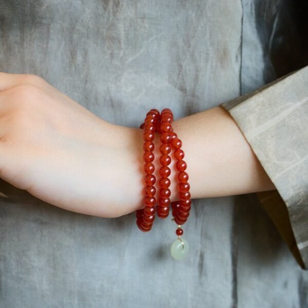 Red Agate Three-Strand Bracelet Hetian Jade Peace Buckle Pendant - Wealth & Protection