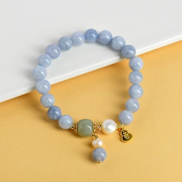 Aquamarine Pearl Bracelet with Lucky Gourd Charm for Good Fortune & Healing
