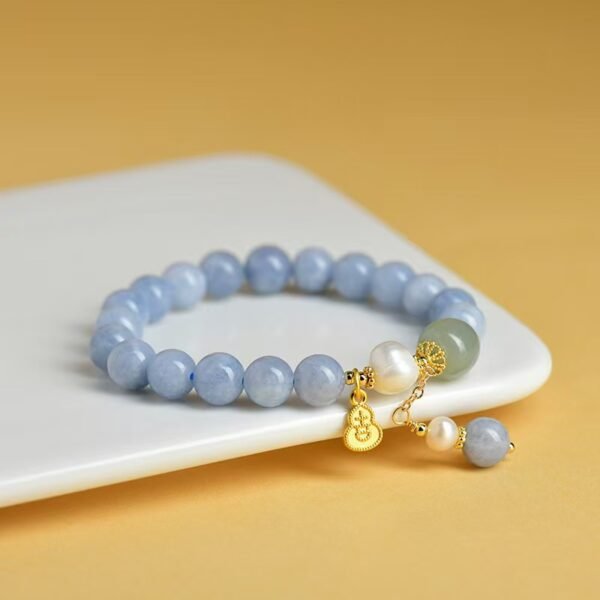 Aquamarine Pearl Bracelet with Lucky Gourd Charm for Good Fortune & Healing