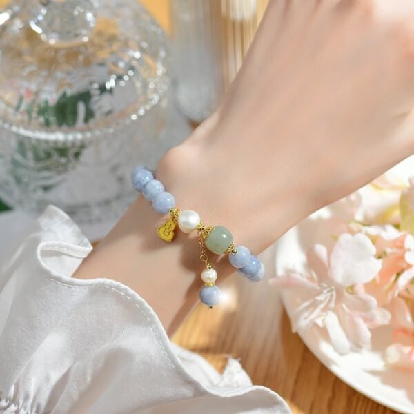 Aquamarine Pearl Bracelet with Lucky Gourd Charm for Good Fortune & Healing