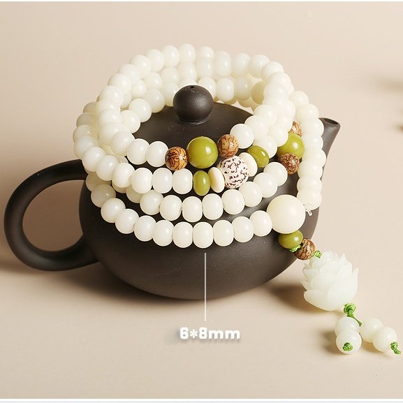 White Jade Bodhi Seed Mala - Lotus Charm Meditation Necklace for Peace & Spiritual Harmony