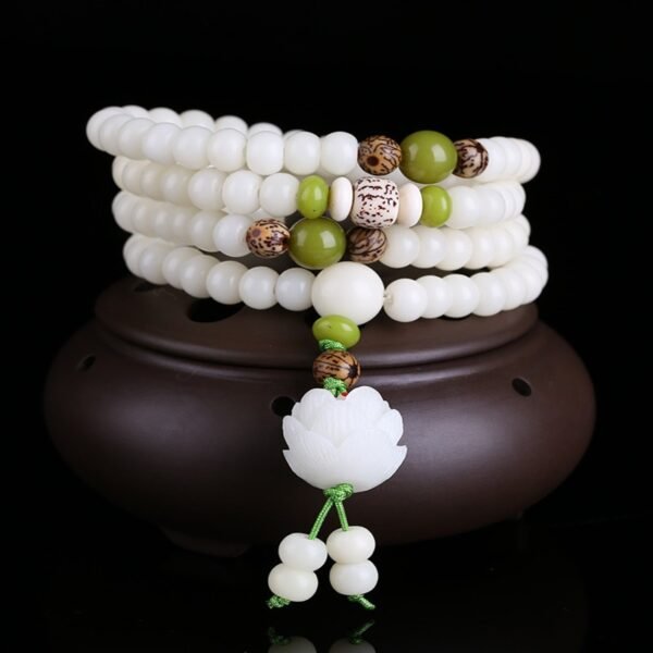 White Jade Bodhi Seed Mala - Lotus Charm Meditation Necklace for Peace & Spiritual Harmony