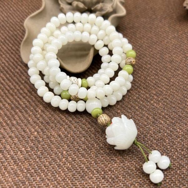 White Jade Bodhi Seed Mala - Lotus Charm Meditation Necklace for Peace & Spiritual Harmony