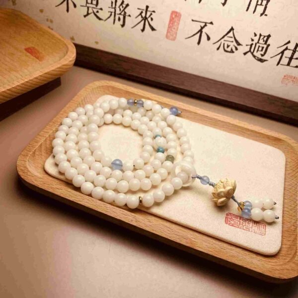 108 White Bodhi Seed Mala with Lotus Charm - Harmony Necklace Bracelet