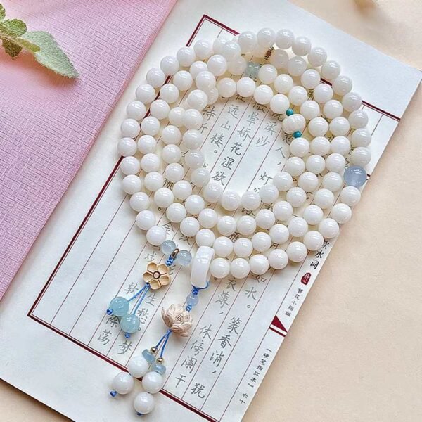 108 White Bodhi Seed Mala with Lotus Charm - Harmony Necklace Bracelet
