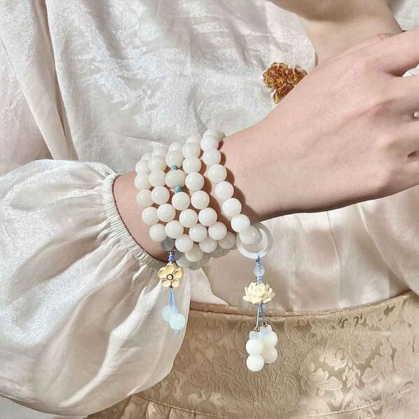 108 White Bodhi Seed Mala with Lotus Charm - Harmony Necklace Bracelet
