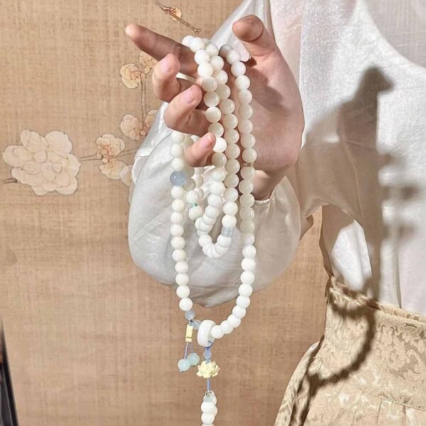 108 White Bodhi Seed Mala with Lotus Charm - Harmony Necklace Bracelet
