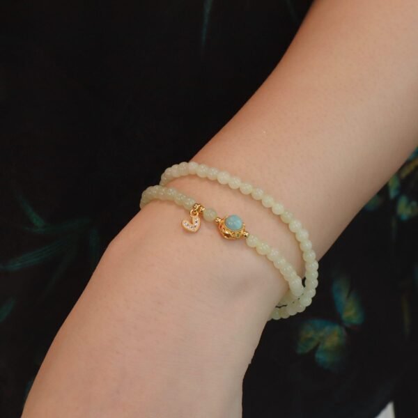 Double Strand Natural Jade & Larimar Bracelet - Healing Gemstone Jewelry with Heart Charm for Love & Harmony