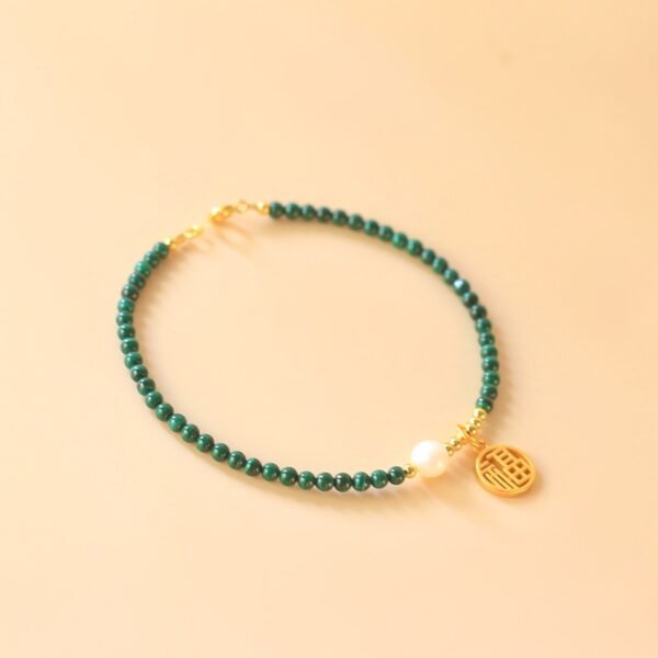Malachite Pearl Bracelet with Lucky 'Fu' Charm for Healing Protection, Wealth & Positive Energy