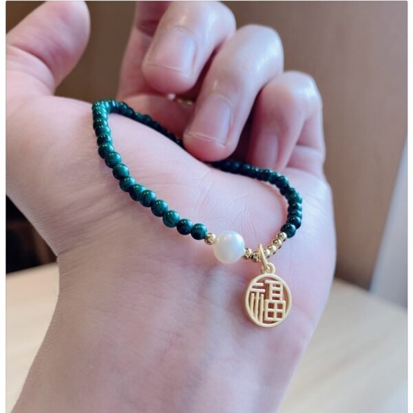 Malachite Pearl Bracelet with Lucky 'Fu' Charm for Healing Protection, Wealth & Positive Energy
