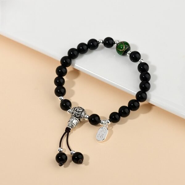 Black Obsidian Bracelet with Green Ash Glaze Bead & "Wealth" Charm – Protection & Prosperity Energy Jewelry