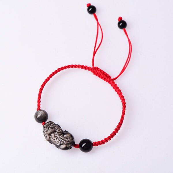 Silver Sheen Obsidian Pi Yao Red String Bracelet - Wealth Attractor & Protection Amulet