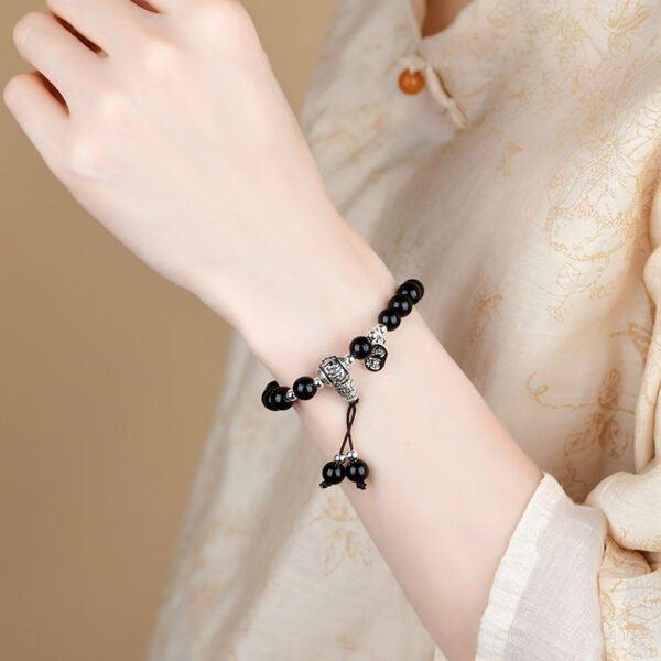 Black Obsidian Bracelet with Green Ash Glaze Bead & "Wealth" Charm – Protection & Prosperity Energy Jewelry