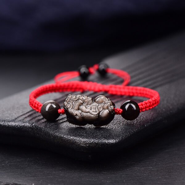Silver Sheen Obsidian Pi Yao Red String Bracelet - Wealth Attractor & Protection Amulet
