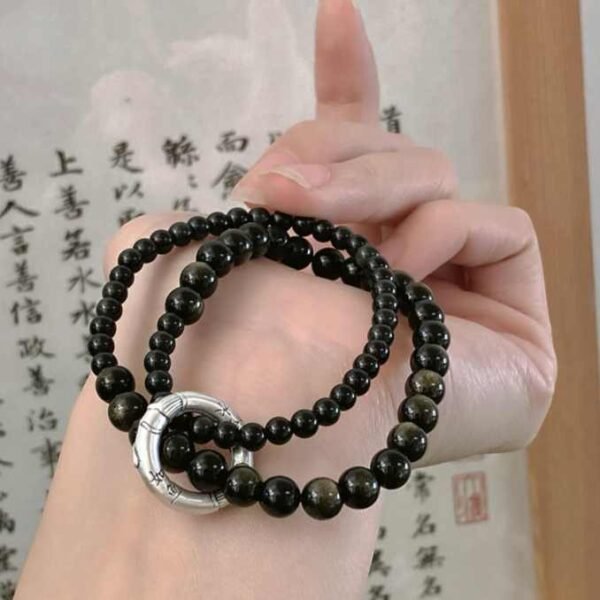 Rainbow Obsidian Double Wrap Bracelet with Silver Charm - Protection & Good Luck Energy Jewelry