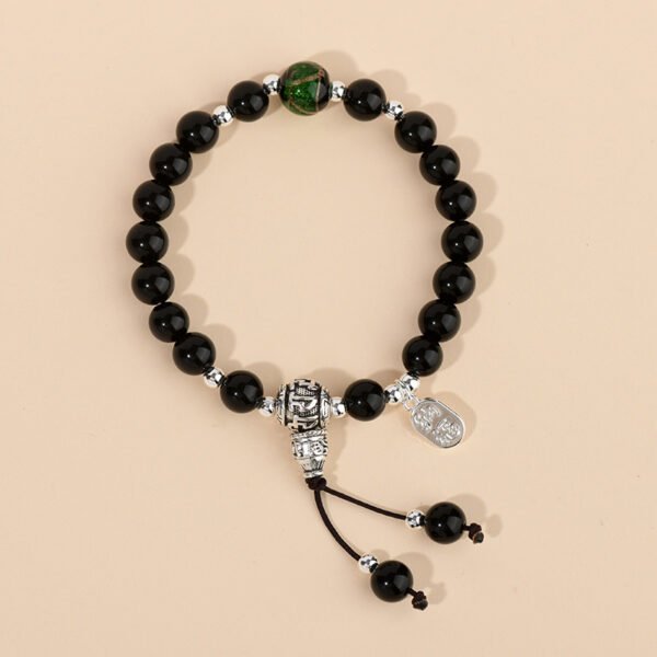 Black Obsidian Bracelet with Green Ash Glaze Bead & "Wealth" Charm – Protection & Prosperity Energy Jewelry