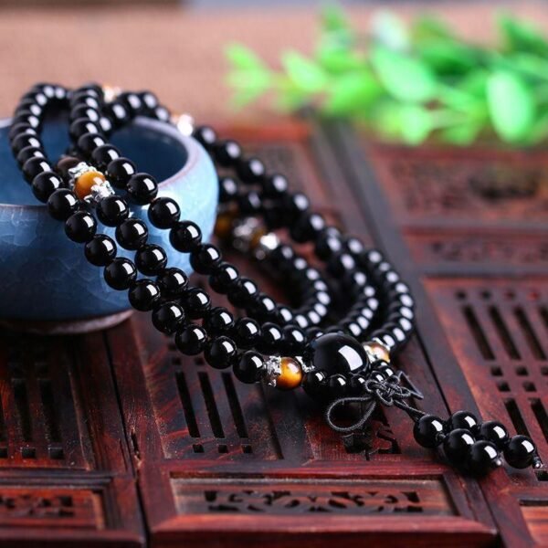 108-Bead Black Obsidian & Tiger Eye Energy Bracelet – Protection & Courage Mala
