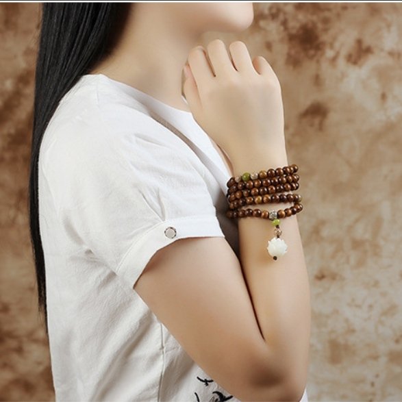 108 Rosewood Mala with Lotus Pendant - Buddhist Meditation & Protection Bracelet