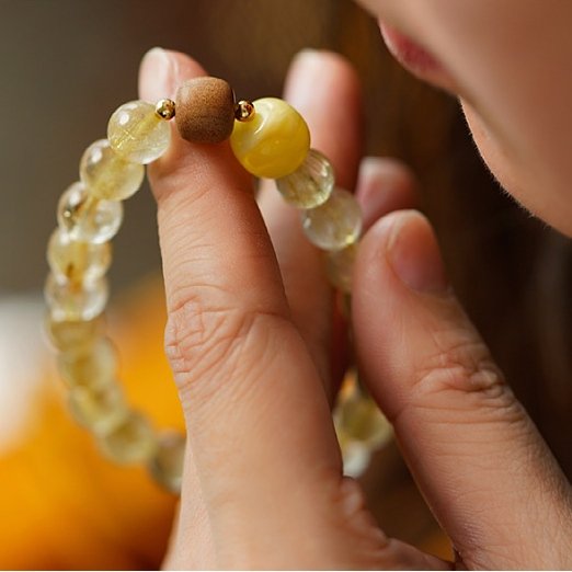 Golden Rutilated Quartz Amber Sandalwood Bracelet - Energy Balancing 