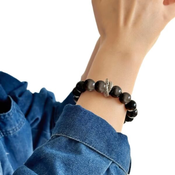 Silver Obsidian, Moonstone and Feng Shui Dragon Charm Spiritual Healing Bracelet for Confidence, Love & Success