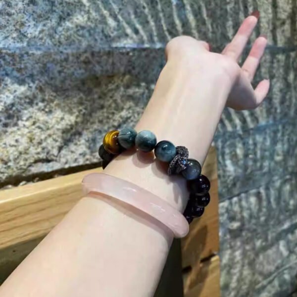 Silver Obsidian, Moonstone and Feng Shui Dragon Charm Spiritual Healing Bracelet for Confidence, Love & Success