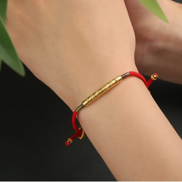 Tibetan Mantra Red Cord - Gold Plated Om Mani Padme Hum Blessing Bracelet
