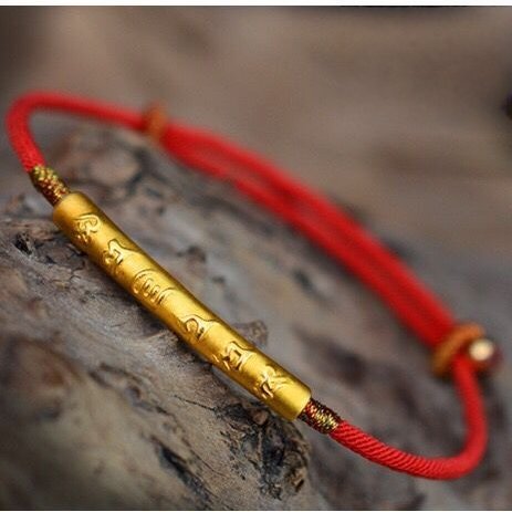 Tibetan Mantra Red Cord - Gold Plated Om Mani Padme Hum Blessing Bracelet