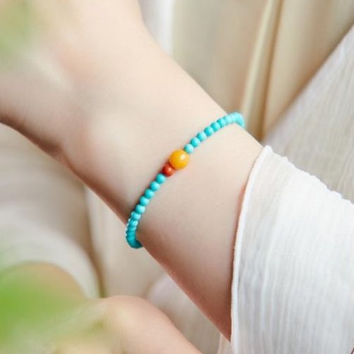 Turquoise Red Coral Amber Bracelet - Triple Gemstone Protection