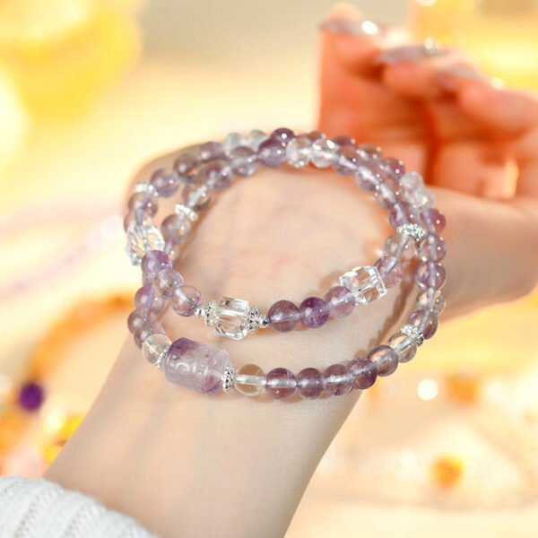 Amethyst & Clear Crystal Double Wrap Bracelet Chakra Balancing Energy Healing Stone for Wealth & Focus