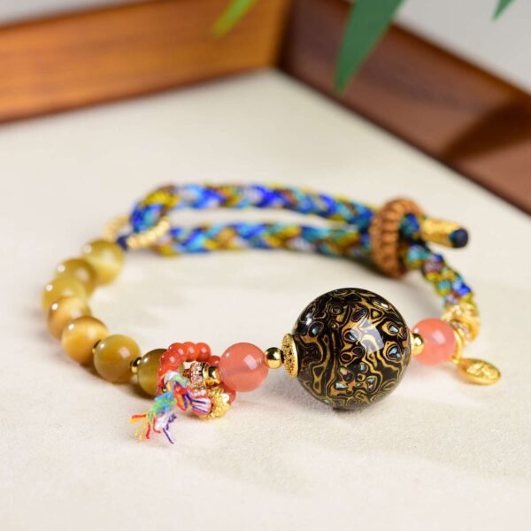 Tiger's Eye Protection Bracelet with Tibetan Lacquer Beads - For Wealth, Protection & Grounding