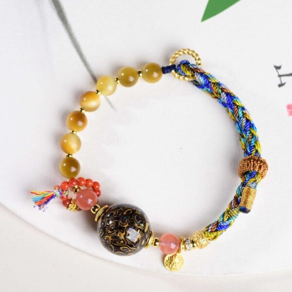 Tiger's Eye Protection Bracelet with Tibetan Lacquer Beads - For Wealth, Protection & Grounding