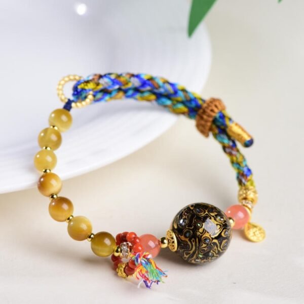 Tiger's Eye Protection Bracelet with Tibetan Lacquer Beads - For Wealth, Protection & Grounding