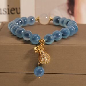 agate money bag bracelet 2 Blue Agate Bracelet with Luck Pouch Charm - Wealth & Good Fortune