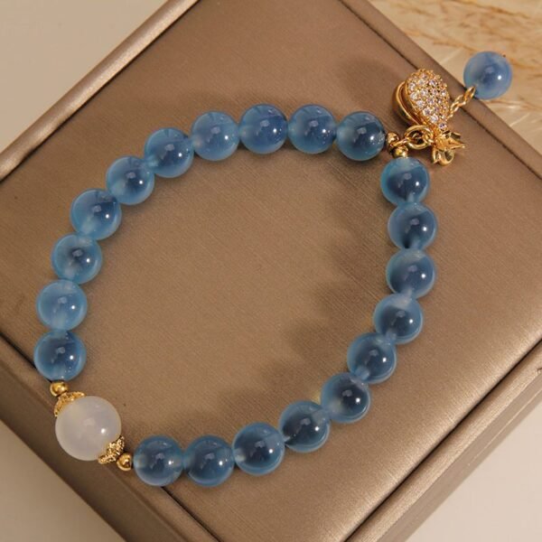 Blue Agate Bracelet with Luck Pouch Charm - Wealth & Good Fortune