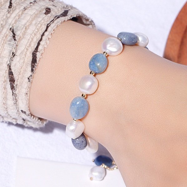Blue Aventurine & Pearl Bracelet for Luck, Wealth & Calm
