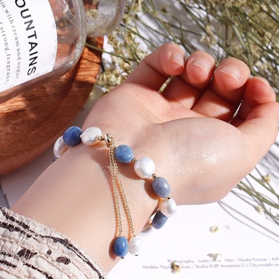 Blue Aventurine & Pearl Bracelet for Luck, Wealth & Calm