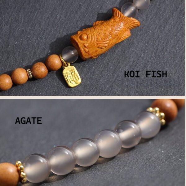 Sandalwood Ash Agate Koi Fish Bracelet, Double Strand Mala for Career Success & Good Fortune