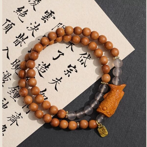 Sandalwood Ash Agate Koi Fish Bracelet, Double Strand Mala for Career Success & Good Fortune