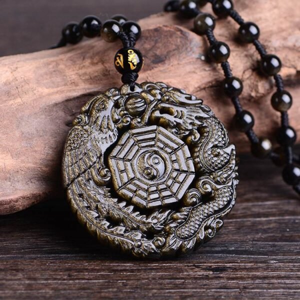 BAGUA 2 Golden Sheen Obsidian Dragon Phoenix Bagua Necklace for Harmony & Blessings