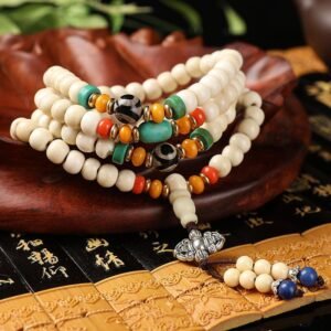 Tibetan Yak Bone 108 Mala with Dzi & Vajra for Protection