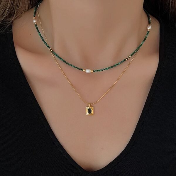 Malachite Square Pendant Necklace - Double Layer Wealth & Protection