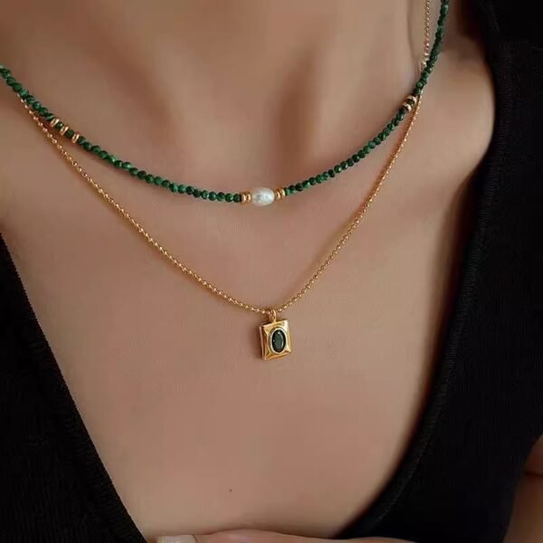 Malachite Square Pendant Necklace - Double Layer Wealth & Protection