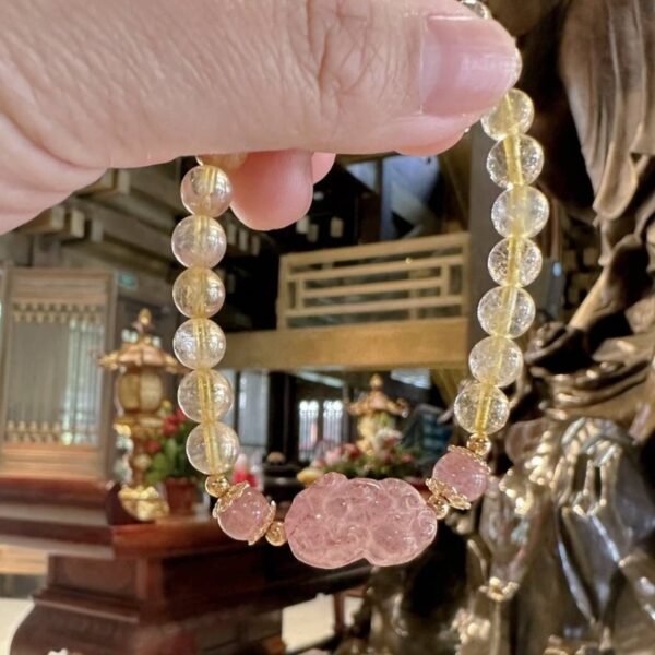 Rutilated Quartz Strawberry Quartz Pixiu Bracelet for Wealth & Love